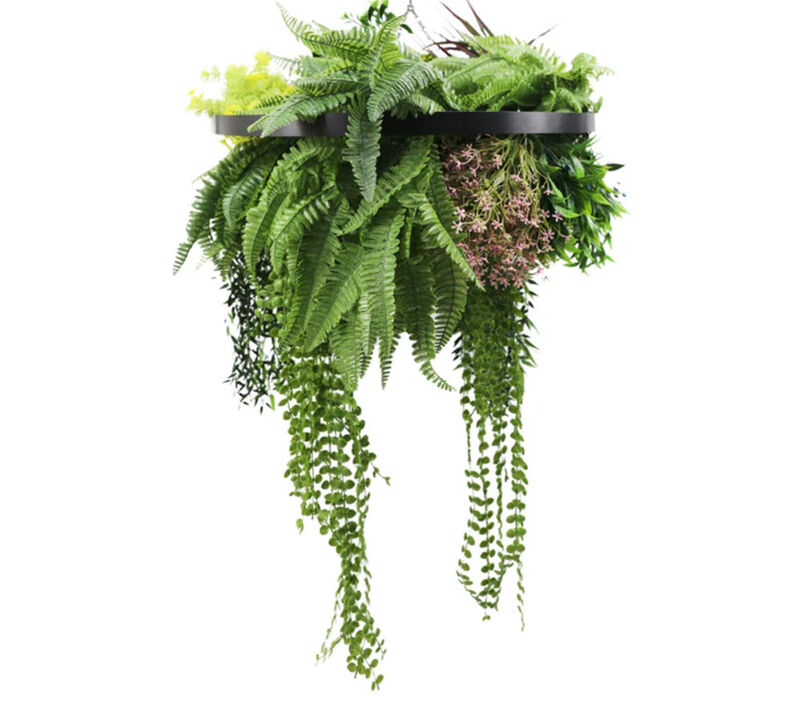 Black Framed Roof Hanging Disc With Tropical Foliage Mix and Draping Stems 23.5" UV Resistant