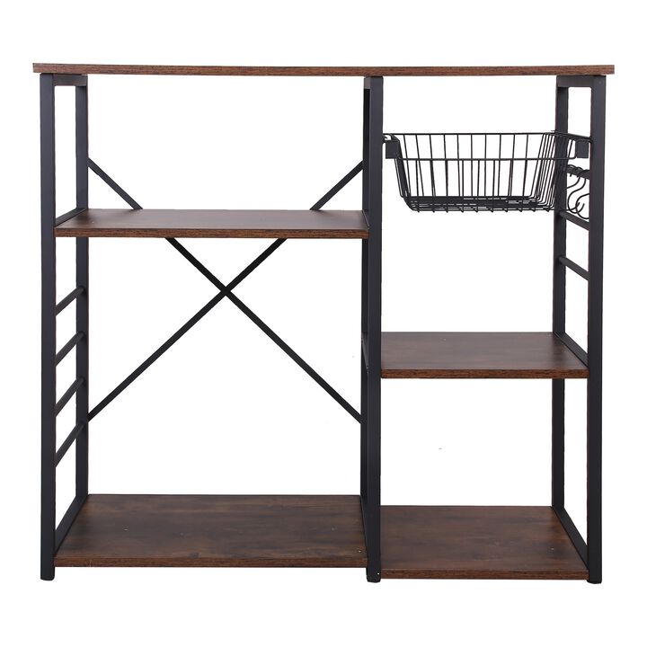 Wood and Metal Bakers Rack with 4 Shelves and Wire Basket, Brown and Black-Benzara
