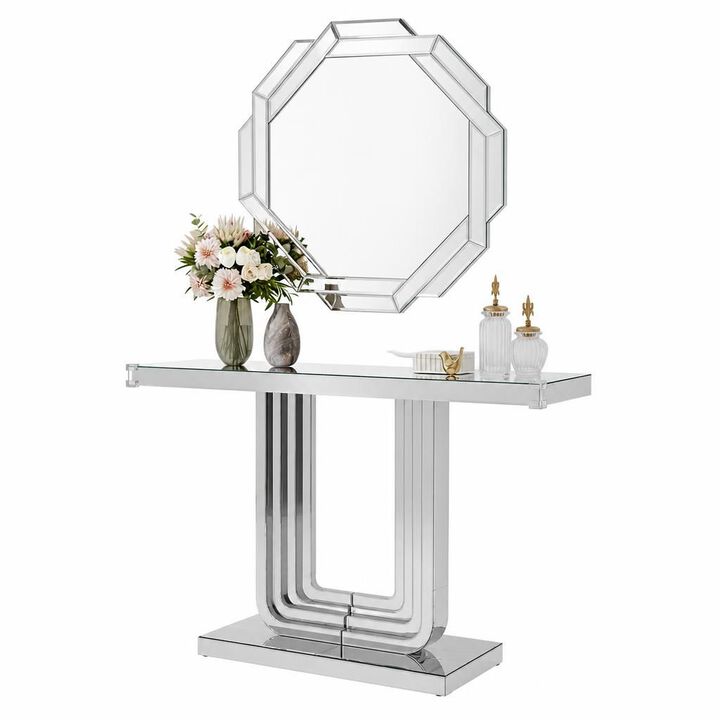 GOODSILO Mirrored Console Table with U Base and Hand-Spliced Line Design, Ideal Accent Furniture for Entryway, Living Room, Hallway and Foyer, 47 Inch