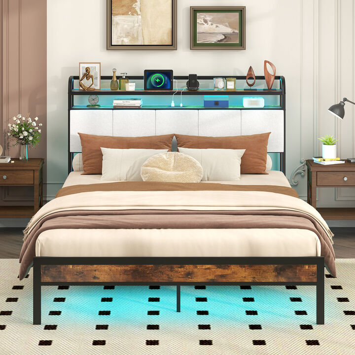 Contemporary Bed Frame with LED Lighting and Charging Station – Space-Saving Platform Bed Design