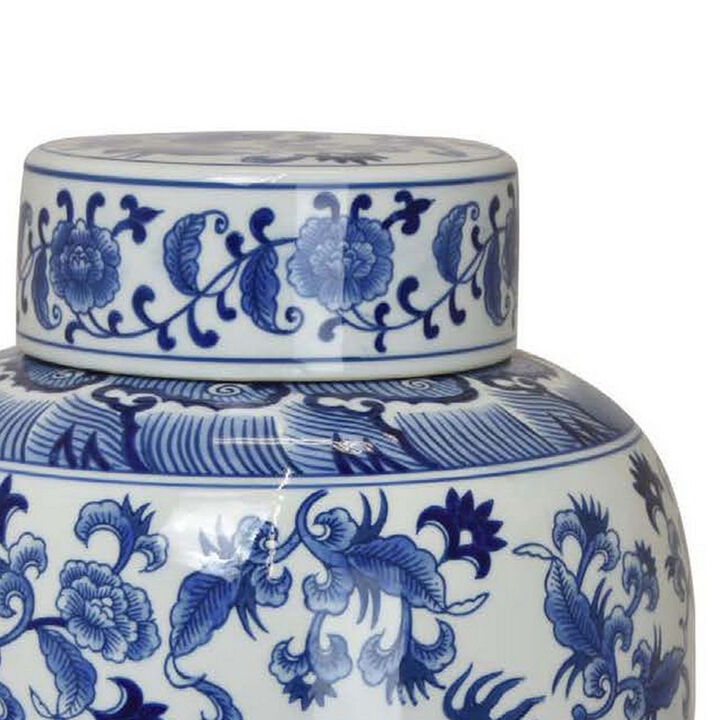 Gloomy 15 Inch Decorative Jar, Ceramic Frame, Blue and White Floral Print - Benzara