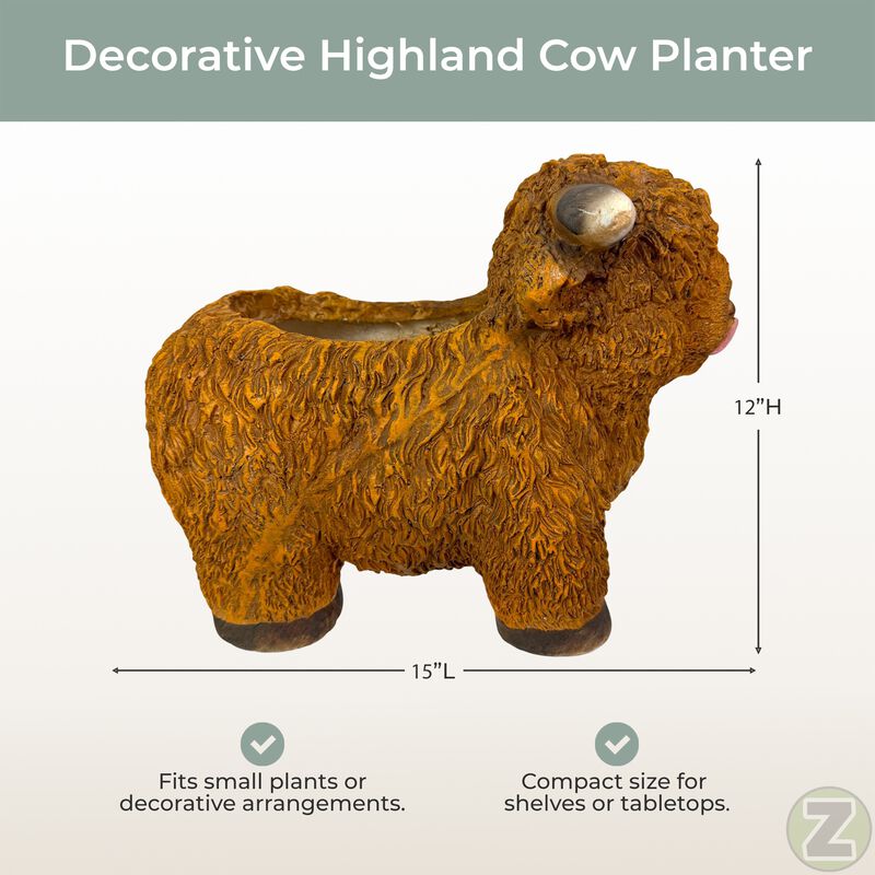 Zeckos Highland Cow Planter Brown Magnesium Oxide Farmhouse Decor 12in image number 5