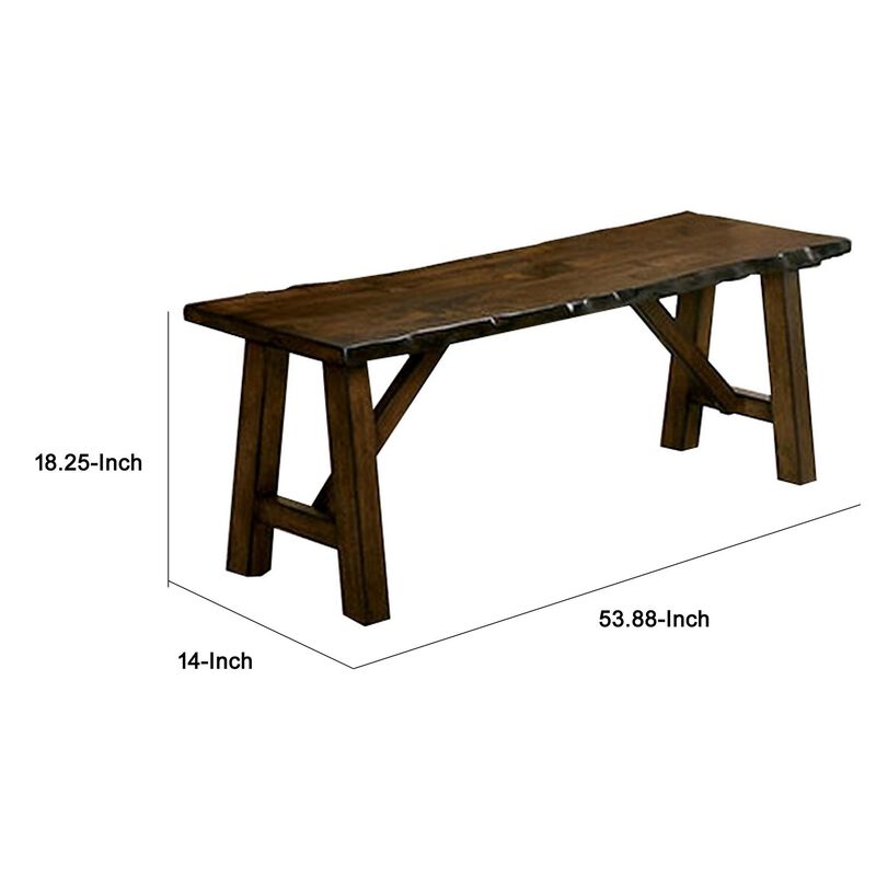 Naef 54 Inch Wood Dining Bench, Walnut Brown, Live Edges, Angled Legs -Benzara