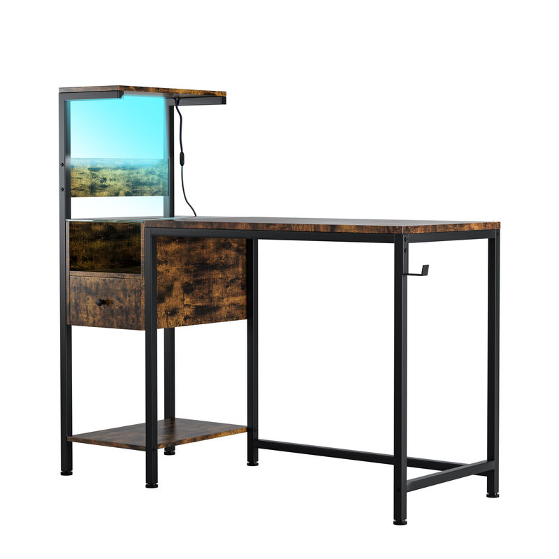 Computer Desk with Power Outlets & LED Lights, 48" Gaming Desk with Storage Shelves & USB Charging Station, Reversible Home Office Desk