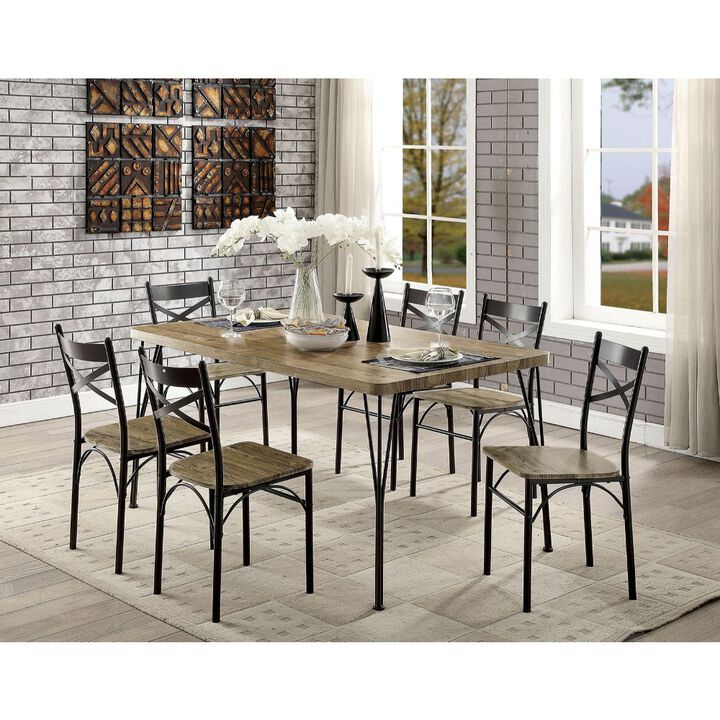 7 Piece Wooden Dining Table Set In Gray and Weathered Brown-Benzara