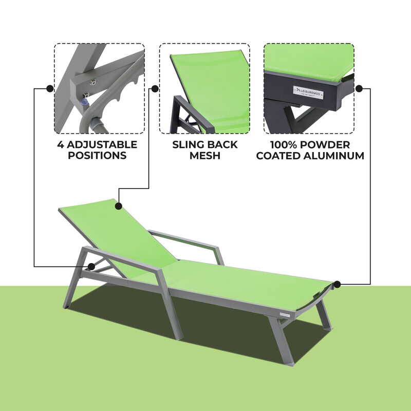 LeisureMod Marlin Poolside Outdoor Patio Lawn and Garden Modern Powder Coated Aluminum Frame Suntan Sling Chaise Lounge Chair with Armrests image number 3