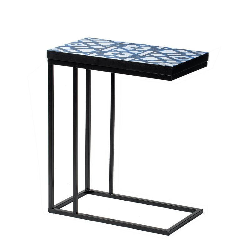 24 Inch Side Table, C Shaped, Indigo Patterned Top, Iron Frame, Black  - Benzara