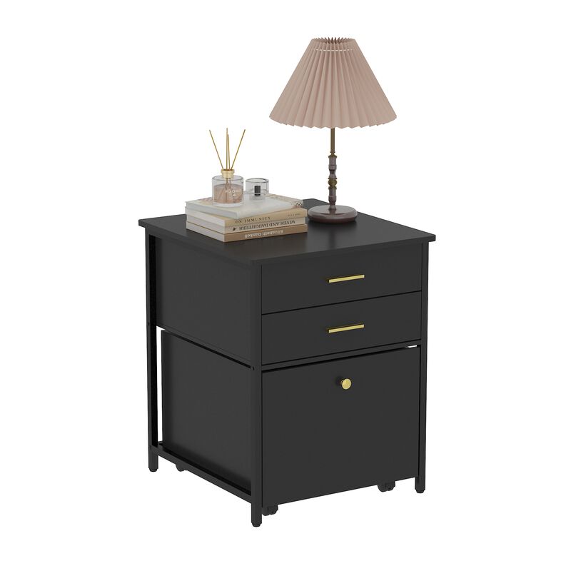 FUFU&GAGA Compact Nightstand, Black Laminate with Gold Handles, (21.7"W x 22.8"D x 27"H), with Pull-out Drawers and Rolling Casters