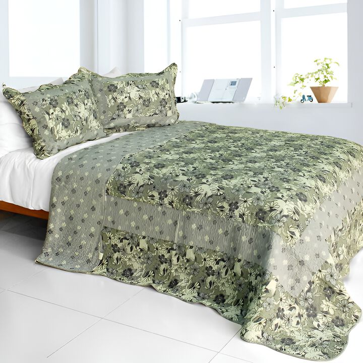 Queen Size Cotton 3-Piece Quilted Printed Quilt Set with Matching Pillow Shams