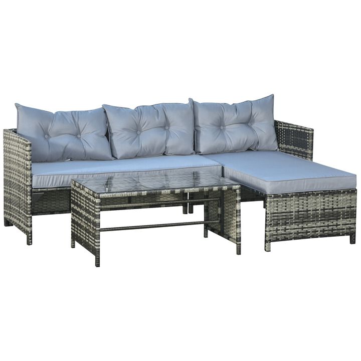 3-Piece Wicker Patio Furniture Sets, Rattan Conversation Sets, Sectional sofa set with Cushioned Lounge Chaise for Poolside, Porch, Grey
