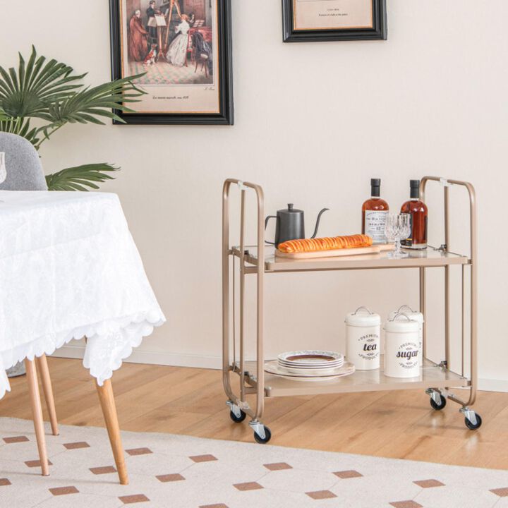 Hivvago 2-Tier Mobile Serving Cart with Tempered Glass Shelf-Golden
