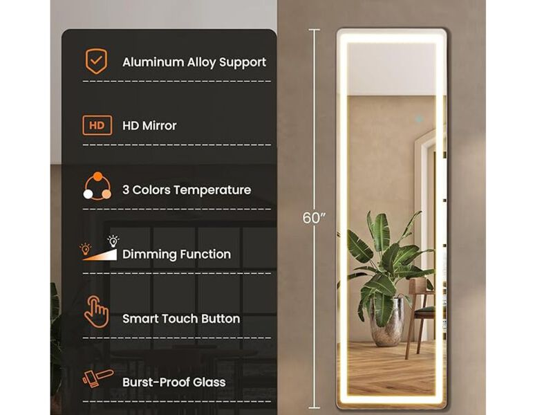60" LED Full-Length Mirror &ndash; Dimmable Lighted Floor Standing D&eacute;cor