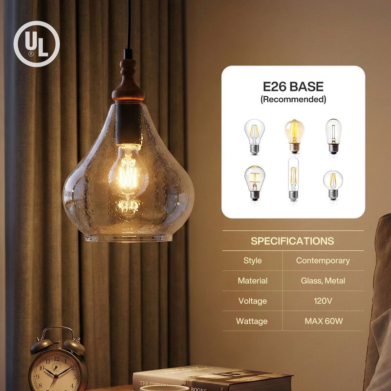 Farmhouse Seeded Glass Teardrop Pendant Lights, Wood Accent, Set of Three image number 7