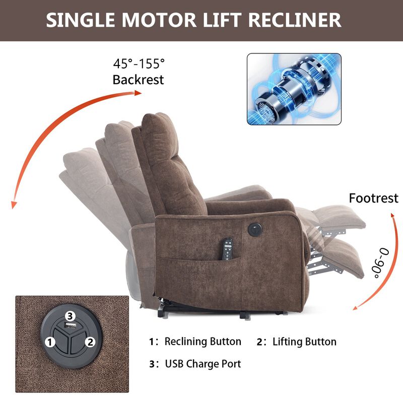Chenille Power Lift Recliner Chair 155&deg; Recliner with Massage Heat & USB image number 5