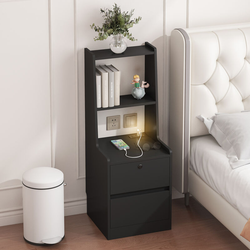 Mondawe Modern Nightstand, Smart Nightstand With Nightlight And Rechargeable Bedroom Storage
