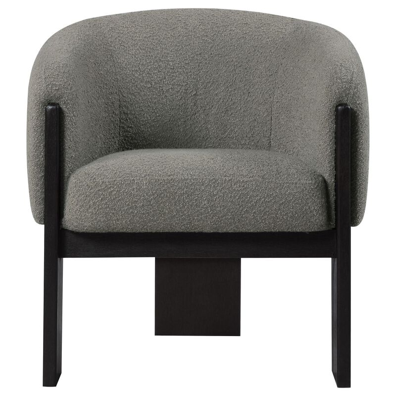 Vala Accent Chair, Modern Plush Gray Boucle Barrel Back, Black Wood - Benzara