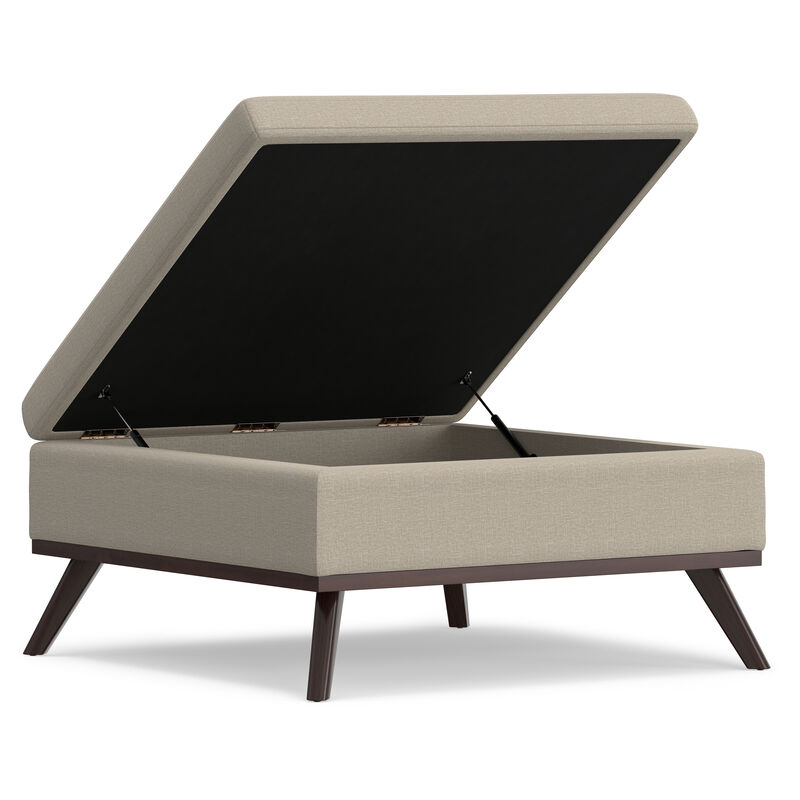 Owen Square Coffee Table Storage Ottoman in Natural Polyester Fabric