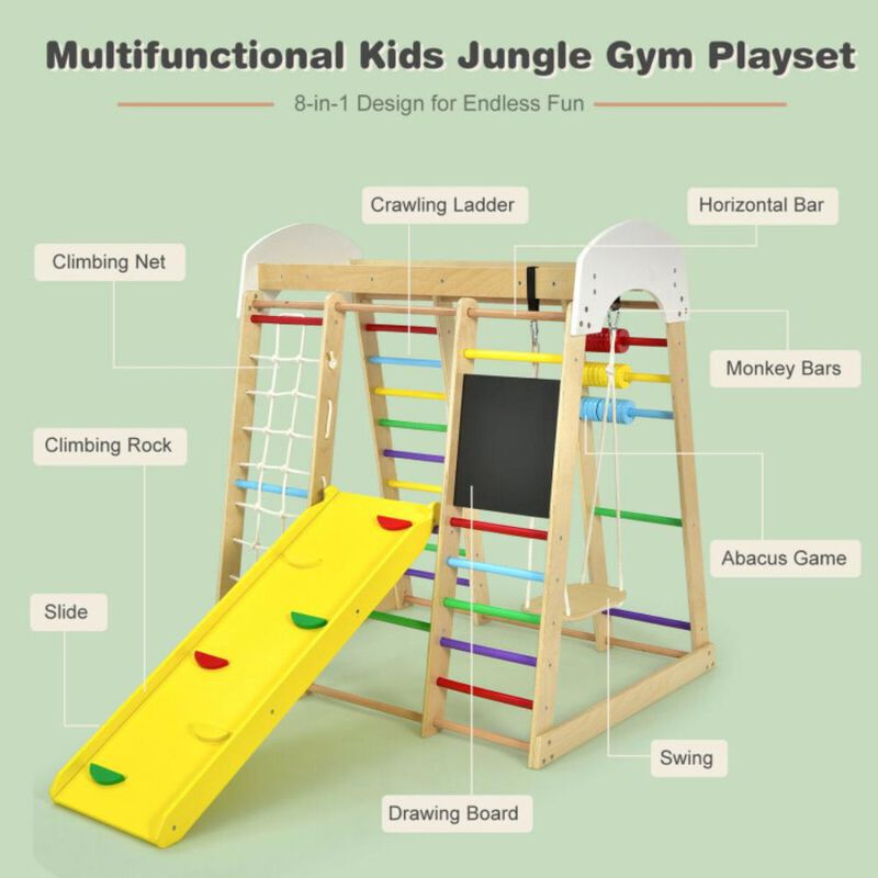 Hivvago Indoor Playground Climbing Gym Wooden 8-in-1 Climber Playset for Children