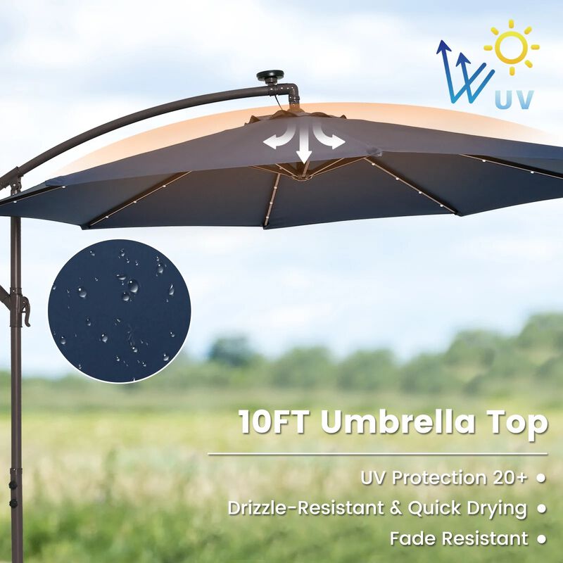 Mondawe 10 Feet Cantilever Umbrella with 32 LED Lights and Solar Panel Batteries
