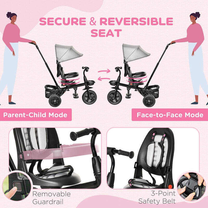 BreeBe Kids Tricycle, 4 in 1 Foldable Trike with Reversible Seat, Adjustable Parent Handle, Safety Harness, Wheel Brakes, Removable Canopy, Storage image number 4