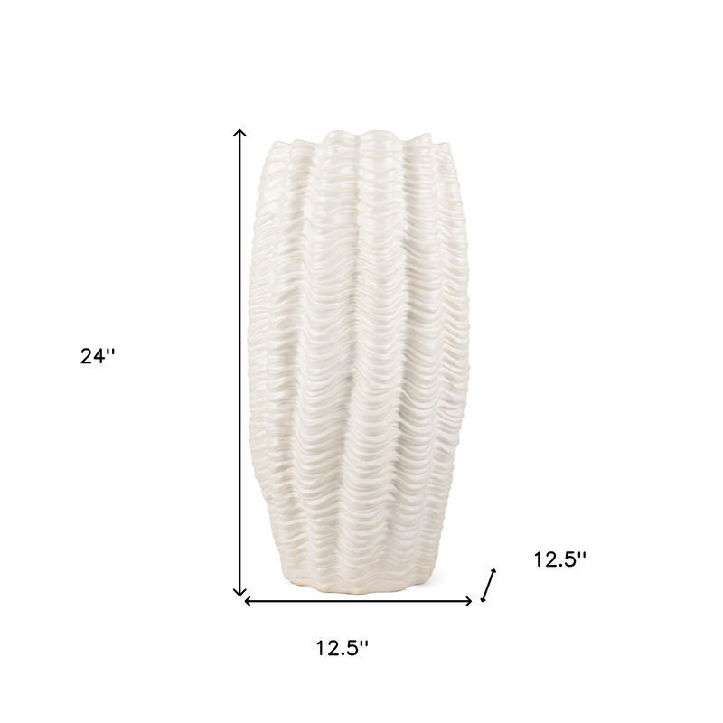 HomeRoots 24" Cream Cylinder Ceramic Sculptural Waves Table Vase image number 3