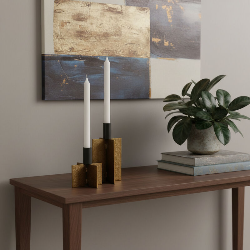 HomeRoots Set of Two Black And Antiqued Gold Distressed Geometric Metal Tabletop Taper Candle Holders