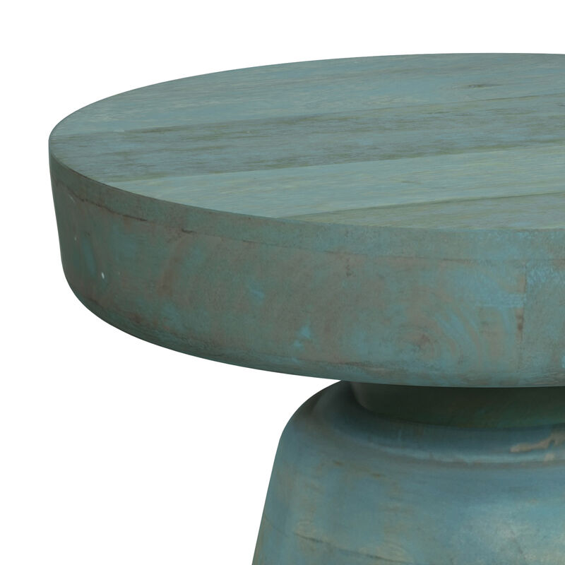 Robbie SOLID MANGO WOOD 16 inch Wide Round Boho Contemporary Rustic Accent Table in Teal Wash, Fully Assembled
