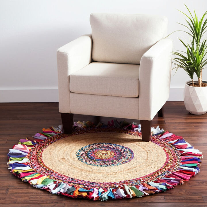 HomeRoots Jute Abstract Geometric Hand Woven Round Rug