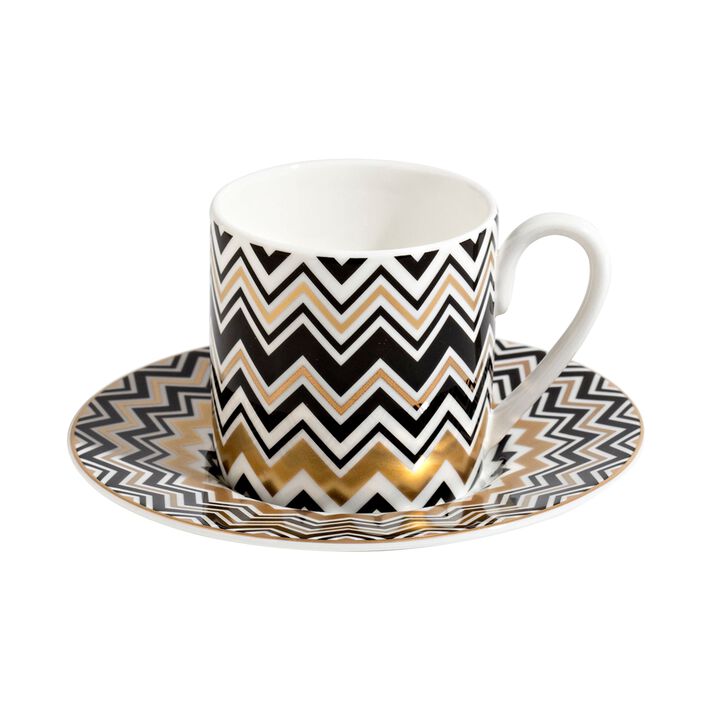 Coffee Cup & Saucer ZIG ZAG GOLD Set of 2, cup diam. 2.36", H 2.4", saucer diam. 4.72"