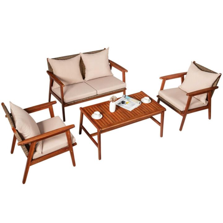 Hivvago 4 Pieces Acacia Wood Patio Rattan Furniture Set with Zippered Cushions