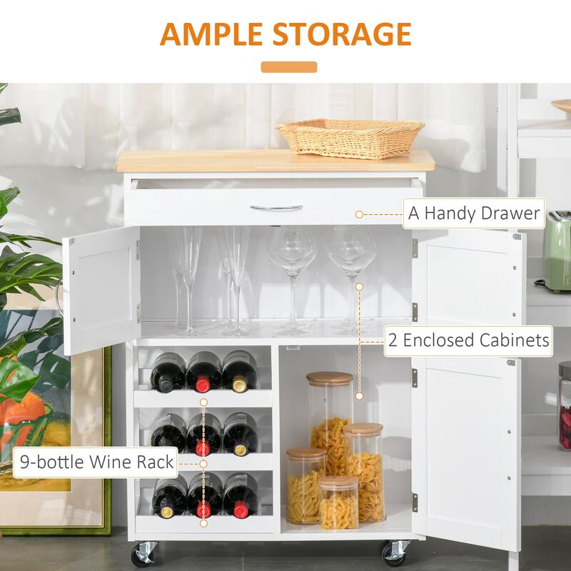White Kitchen Helper: Rolling Cart with Wine Rack & Wooden Countertop