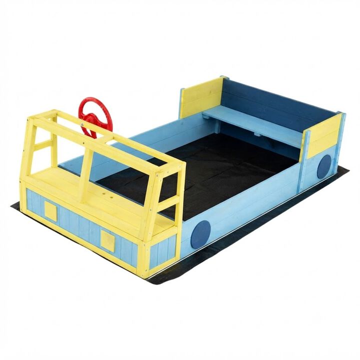 Large Car Style Sandbox with Wooden Frame and Bottom Liner for Kids Outdoor Play-Blue