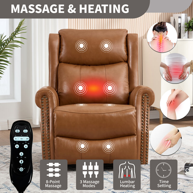 Genuine leather Heat Massage Manual Recliner Chair with Rocker and Swivel for Living Room image number 3