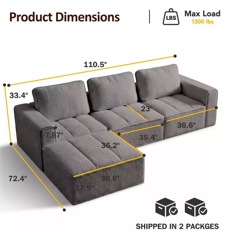 Vipbear 110.5" Cloud Modular Sectional Sofa, Convertible L Shaped Couch with Reversible Chaise image number 1