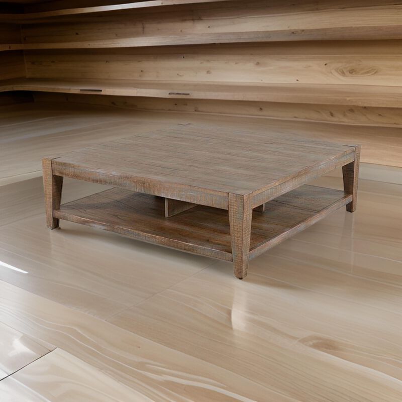 Lilly Coffee Table, 1 Shelf, Light Brown Mahogany, Square 48 Inch - Benzara