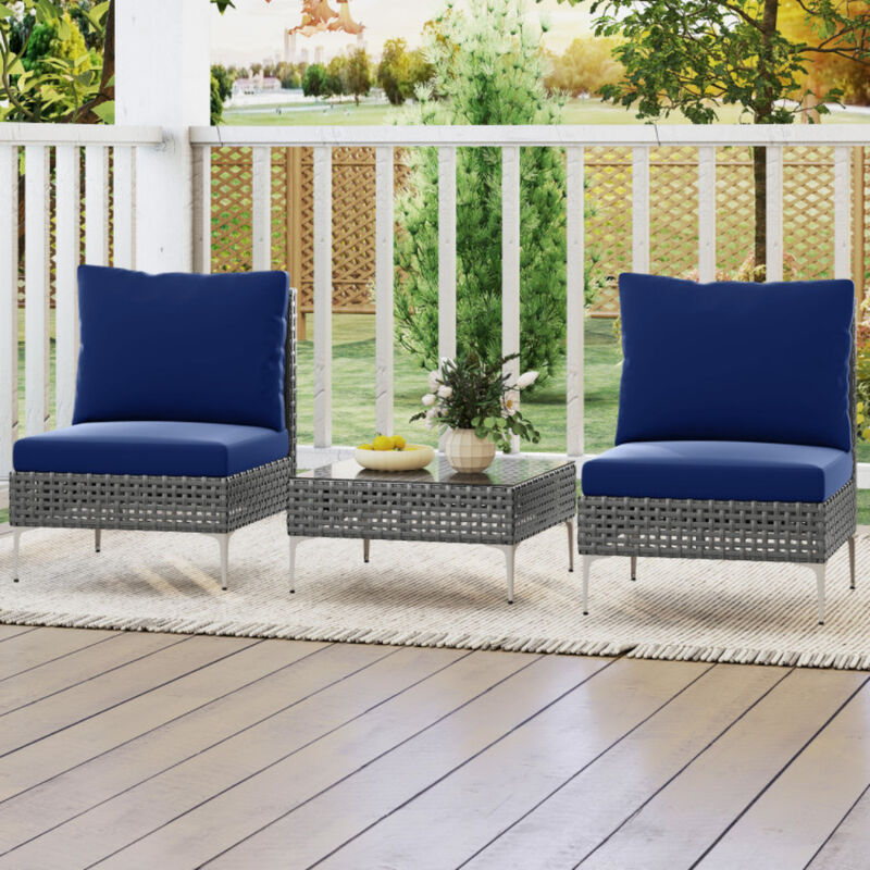 3-Piece PE Rattan Outdoor Conversation Chairs with Glass Coffee Table for Porch