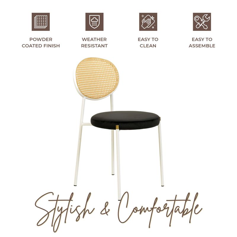 LeisureMod Velvet Dining Chair Rattan Back Side Chair Comfortable Kitchen Chair with Stainless Steel Base Euston Collection