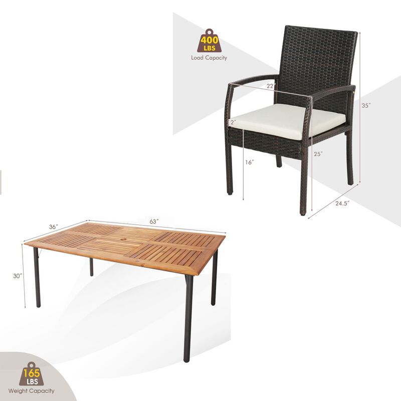 Mondawe 7Pcs Outdoor Dining Set,Acacia Wood Table With 1.9"Umbrella Hole & 6 Cushioned Wicker Chairs