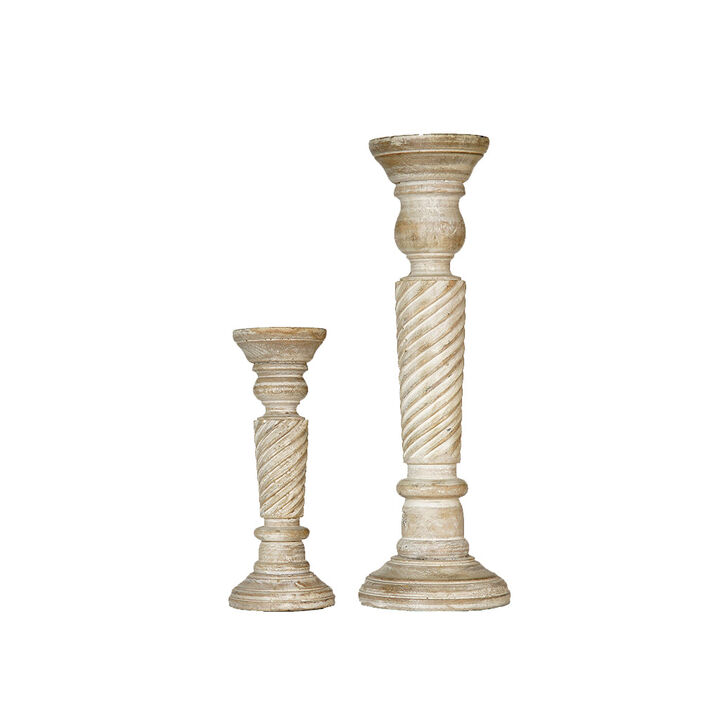 BBH Homes Traditional Antique White Eco-friendly Handmade Mango Wood Set Of Two 9" & 15" Pillar Candle Holder