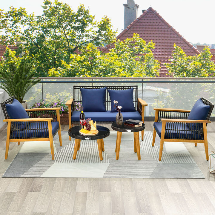 5 Piece Outdoor Conversation Set with 2 Coffee Tables for Backyard Poolside-Navy