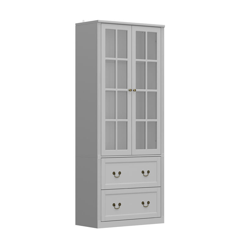 Gray Wooden 31.5 in. W Buffet Pantry Cabinet Kitchen Cabinet with Adjustable Shelves and Tempered Glass Doors, Drawers