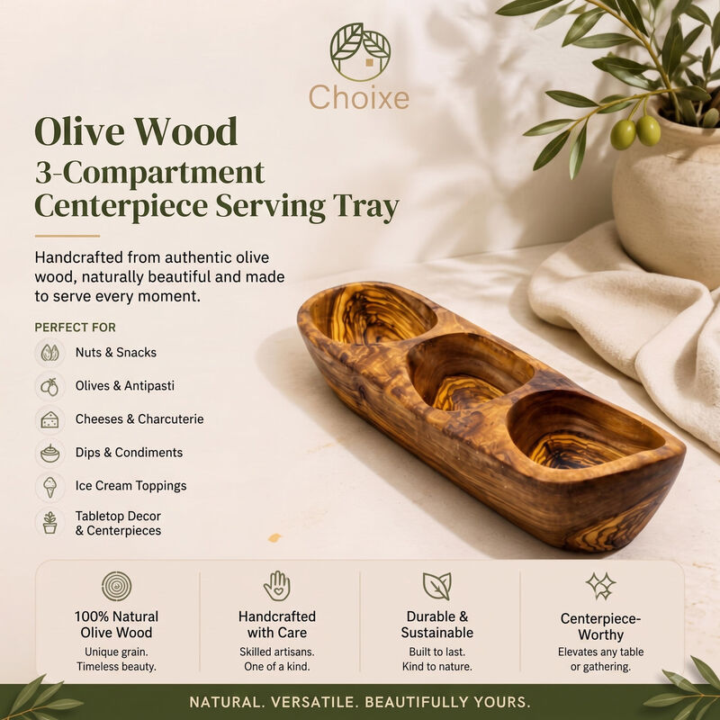 Olive Wood 3-Compartment Serving Tray&ndash;Elongated Centerpiece Dish for Snacks, Olives & Dips image number 3