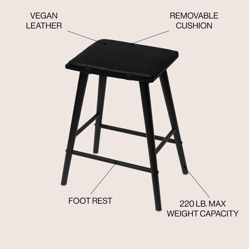 Peroni MidCentury Classic Saddle-Seat Solid Wood/Vegan Leather Backless Bar Stool with Removeable Cushion