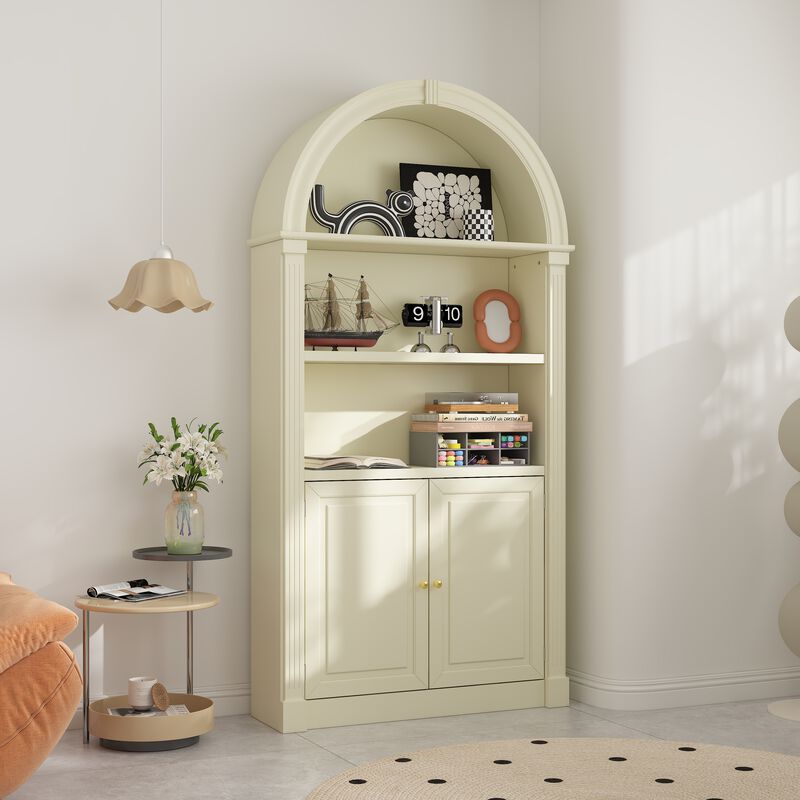 FUFU&GAGA European-Style Arched Top Bookcase, Large Capacity Storage, Plywood Construction, (36.4"W x 10.6"D x 71"H), Ivory White Finish