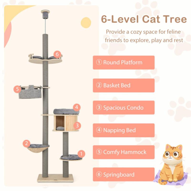 Hivvago 6-tier Floor-to-Ceiling Cat Tree 100-110 Inches Adjustable Height