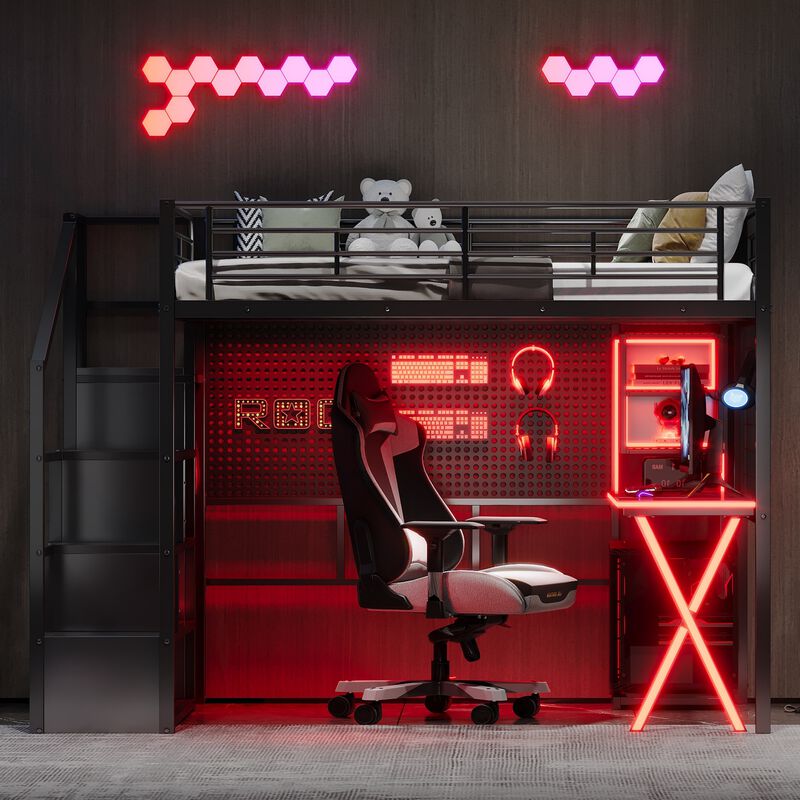 Merax Full Size Black Metal Loft Bed with Workstation, Wardrobe image number 2