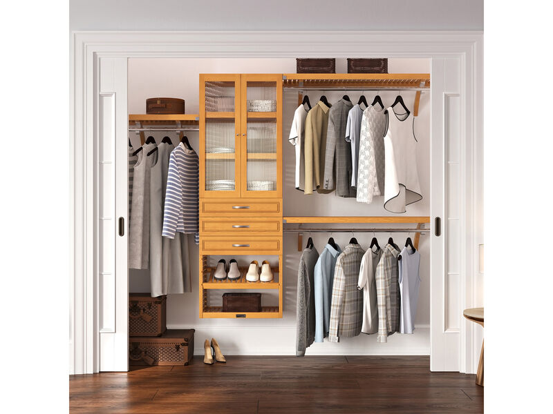 Solid Wood Walk-In Closet Organizer with 3  Drawers and Glass Doors