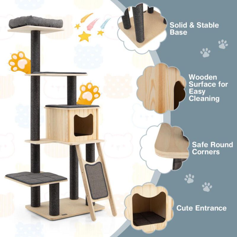 Hivvago 5-Tier Modern Wood Cat Tower with Washable Cushions
