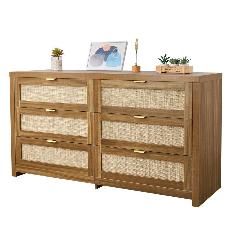 Modern Wood Rattan Dresser with 6 Drawers Clothing Organizer image number 4