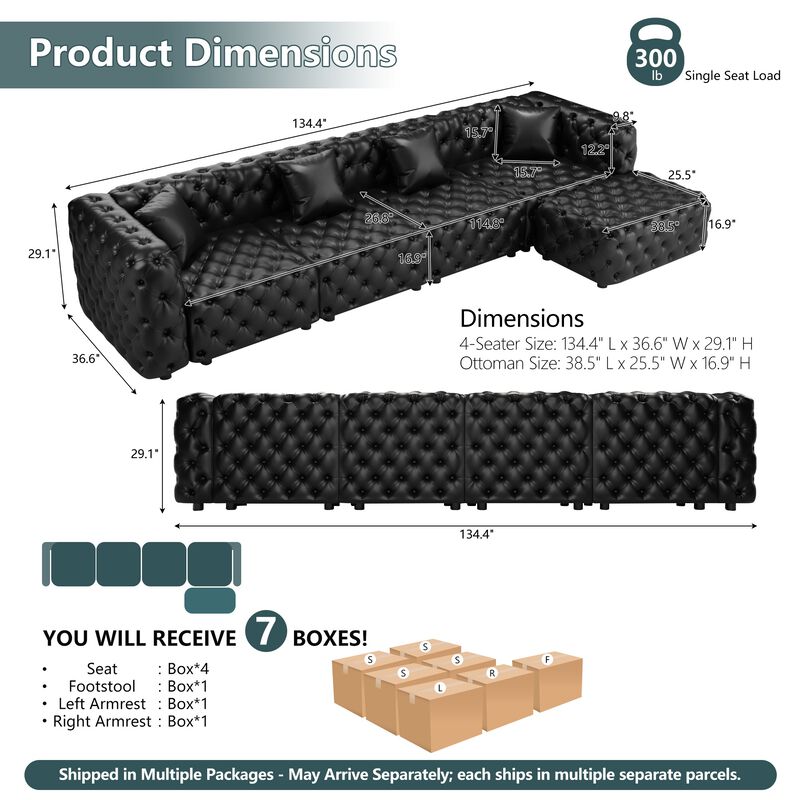 Whisen 4-Seat Modern Modular Sectionals with 4-Seat & 1 Ottoman, Faux Leather Upholstered, for Living Room image number 9